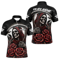 Maxcorners Death Skeleton 8 Ball Pool Roses Billiard Shirt For Men Custom Funny Pool Team Shirt Design |Red MT2306