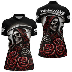 Maxcorners Death Skeleton 8 Ball Pool Roses Billiard Shirt For Men Custom Funny Pool Team Shirt Design |Red MT2306