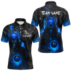 Maxcorners Customized Blue Flaming Grim Reaper 8 Ball Pool Billiard Shirt For Men, Halloween Billiard Outfit TU0909