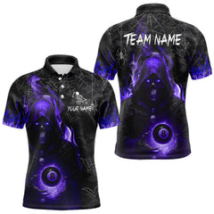 Maxcorners Customized Purple Flame Grim Reaper 8 Ball Pool Billiard Shirt For Men, Halloween Billiard Outfit TU0909