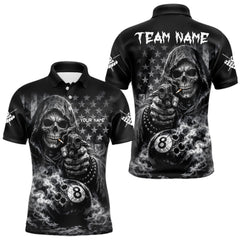 Maxcorners US Flag Grim Reaper 8 Ball Smoke Billiard Shirt For Men Custom Pool Jersey, Billiard Team Shirt