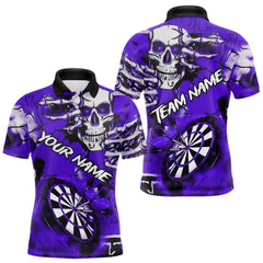 Maxcorners Personalized Purple Grunge Skull Darts Shirt For Men Custom Darts Team Jersey Polo & Quarter Zip TU1410