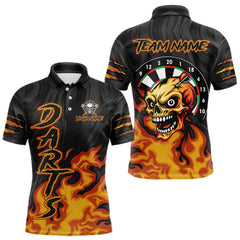 Maxcorners Black And Orange Custom Fire Flame Skull Darts Shirt For Men, Darts Jersey Team Polo & 1/4 Zip MT1810