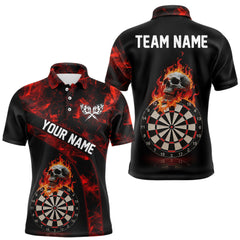 Maxcorners Custom Black & Red Flaming Skull Darts Polo Shirt For Men Skull Dart League Jerseys