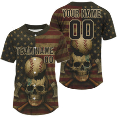 Maxcorners Custom US Flag Skull Grunge Baseball Shirt For Men Patriotic Baseball Tournament Jerseys LM1109