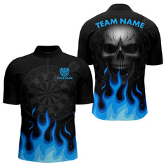 Maxcorners Blue Flaming Dartboard Grey Skull Darts Shirt For Men - Custom Name & Team Jersey LM3006