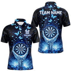 Maxcorners Blue Light Butterflies Skull Dartboard Custom Men Darts Polo Shirts Dart League Jerseys TU2212
