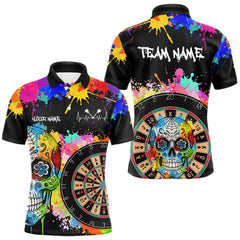 Maxcorners Custom Colorful Splatter Skull Dartboard Men Darts Polo Team Shirts Dart Jersey | Black LM1812