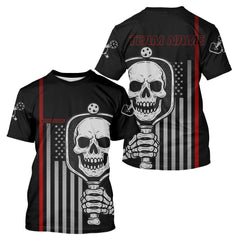 Maxcorners Custom Men's Patriotic Pickleball T-Shirt Personalized Skull Paddle With Pickle Lovers LM1708