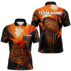 Maxcorners Custom Orange Grunge Skull Dartboard Patriotic Dart Men Polo Jerseys US Flag Dart Shirt MT1810