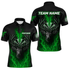 Maxcorners Custom Green Flames Dartboard Deer Funny Dart Men Polo Shirt Dart Team Jerseys MT1110