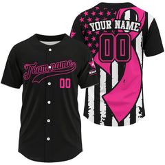 Maxcorners Pink Ribbon & US Flag Baseball Jersey For Men Custom Name, Number & Logo | Black LM2608