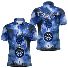 Maxcorners Men's Custom Darts Polo Shirt Thunder Dragon & Dartboard, Darts Jersey For Fans | Blue TU0508