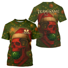 Maxcorners Custom Red Skulls Christmas Green Pickleball Ball T-Shirt For Men Xmas Pickleball Jersey MT1309