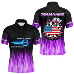 Maxcorners US Flag Flame Dartboard Custom Patriotic Dart Polo & Quarter-Zip Shirt For Men | Purple TU1108