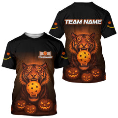 Maxcorners Custom Orange Pumpkin Tiger Halloween Pickleball T-Shirt For Men Pickleball Team Outfits MT1309