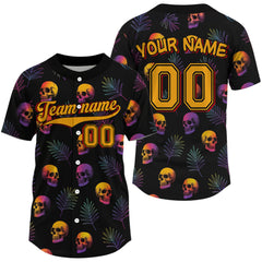 Maxcorners Custom Black And Yellow Skull Baseball Halloween T-Shirt For Men Skull Baseball Shirts LM1809