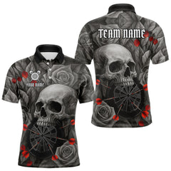 Maxcorners Custom Red Grey Roses Skull Dartboard Dart Men Polo Shirt Outfits Dart Team Jerseys LM0910