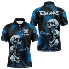 Maxcorners Custom Blue Grunge Creepy Skull Flame Dart Arrow Men Darts Polo Shirt Dart Jerseys LM1411