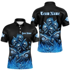 Maxcorners Custom Blue Flames Shark And Skull 3D Men Darts Polo League Shirts Funny Dart Jerseys