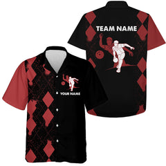 MaxCorners Bowling And Pins Red&Black Bowler Customized Name, Team Name 3D Hawaiian Shirt