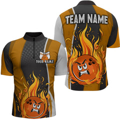 Maxcorners Bowling And Pins Funny Flame Orange Customized Name, Team Name 3D Polo Shirt