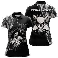 Maxcorners Bowling And Pins Black Men Skull Customized Name, Team Name 3D Polo Shirt