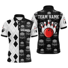 Maxcorners Black & White Bowling Shirt Custom Skull Polo Bowling Jersey Gift for Bowlers