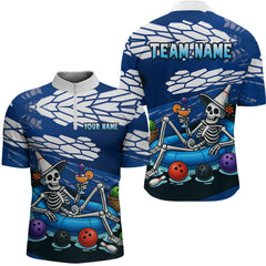 Maxcorners Custom Blue Funny Skull Bowling Team Shirt Polo & Quarter-Zip Bowling League Jersey for Men LM2608