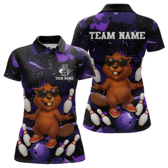 Maxcorners Custom Purple Funny Beaver Bowling Team Shirt Men Bowling League Jersey Polo Bowling Outfit LM0409