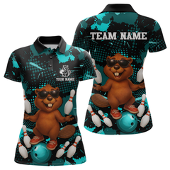 Maxcorners Custom Teal Funny Beaver Bowling Team Shirt Men Bowling League Jersey Polo Bowling Outfit LM0409