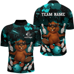 Maxcorners Custom Teal Funny Beaver Bowling Team Shirt Men Bowling League Jersey Polo Bowling Outfit LM0409