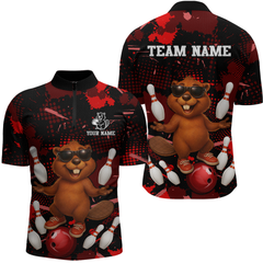 Maxcorners Custom Red Funny Beaver Bowling Team Shirt Men Bowling League Jersey Polo Bowling Outfit LM0409