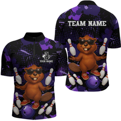 Maxcorners Custom Purple Funny Beaver Bowling Team Shirt Men Bowling League Jersey Polo Bowling Outfit LM0409