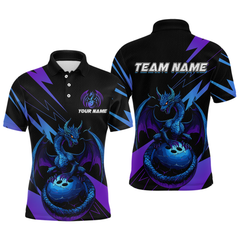 Maxcorners Custom Blue And Purple Thunder Lightning Dragon Bowling Polo Shirts For Men, Dragon Bowling Uniform