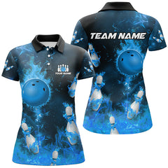 Maxcorners Bowling And Pins Blue Flame Customized Name, Team Name 3D Polo Shirt