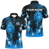 Maxcorners Bowling And Pins Blue Flame Customized Name, Team Name 3D Polo Shirt