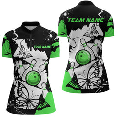 Maxcorners Custom Green Butterflies Bowling Shirt for Men Women Team Bowling Polo&Quater Zip