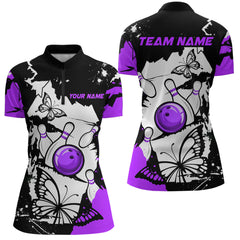 Maxcorners Custom Purple Butterflies Bowling Shirt for Men Women Team Bowling Polo&Quater Zip