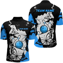 Maxcorners Custom Blue Butterflies Bowling Shirt for Men Women Team Bowling Polo&Quater Zip LM263