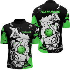 Maxcorners Custom Green Butterflies Bowling Shirt for Men Women Team Bowling Polo&Quater Zip