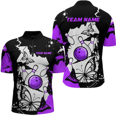 Maxcorners Custom Purple Butterflies Bowling Shirt for Men Women Team Bowling Polo&Quater Zip