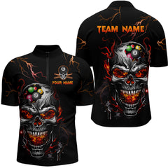 Maxcorners Personalized Thunder Skull Billiard Jerseys Men Polo & 1/4 Zip Shirt Funny Skull 8 Ball Pool Billiard For Men And Women Team