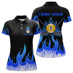 Maxcorners Custom 9 Ball Blue Flaming Billiard Shirts for Men Billiard Team Shirts Billiard League LM2007