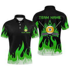 Maxcorners Custom 9 Ball Green Flaming Billiard Shirts for Men Billiard Team Shirts Billiard League LM2007