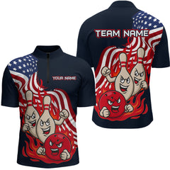 Maxcorners Custom American Flag Bowling Men Polo & 1/4 Zip Shirts Funny Flame Bowling Team Jerseys LM3006