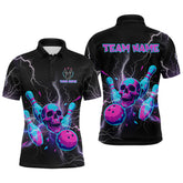 Maxcorners Custom Thunder Skull Flame Bowling Men Polo & 1/4 Zip Shirts Bowling Team Jerseys LM3006