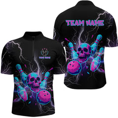 Maxcorners Custom Thunder Skull Flame Bowling Men Polo & 1/4 Zip Shirts Bowling Team Jerseys LM3006