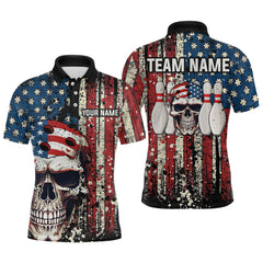 Maxcorners Skull US Flag Bowling Custom Men Bowling Shirt Polo & Quarter-Zip Bowling Team Jerseys LM054