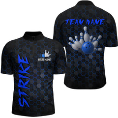 Maxcorners Custom Strike Blue Bowling Men Bowling Shirt Polo & Quarter-Zip Bowling Team Jerseys LM0706
